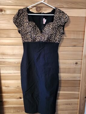 Black and Leopard-Print Midi Dress Xl